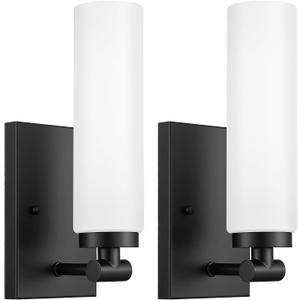 Emak Black Sconces Set of 2, Modern Wall Lights with Milk Glass Shade, Farmhouse Vanity Lights for Bathroom, Living Room, Bedroom, Gallery, WS086-BK-ML-2PK, 12 inch