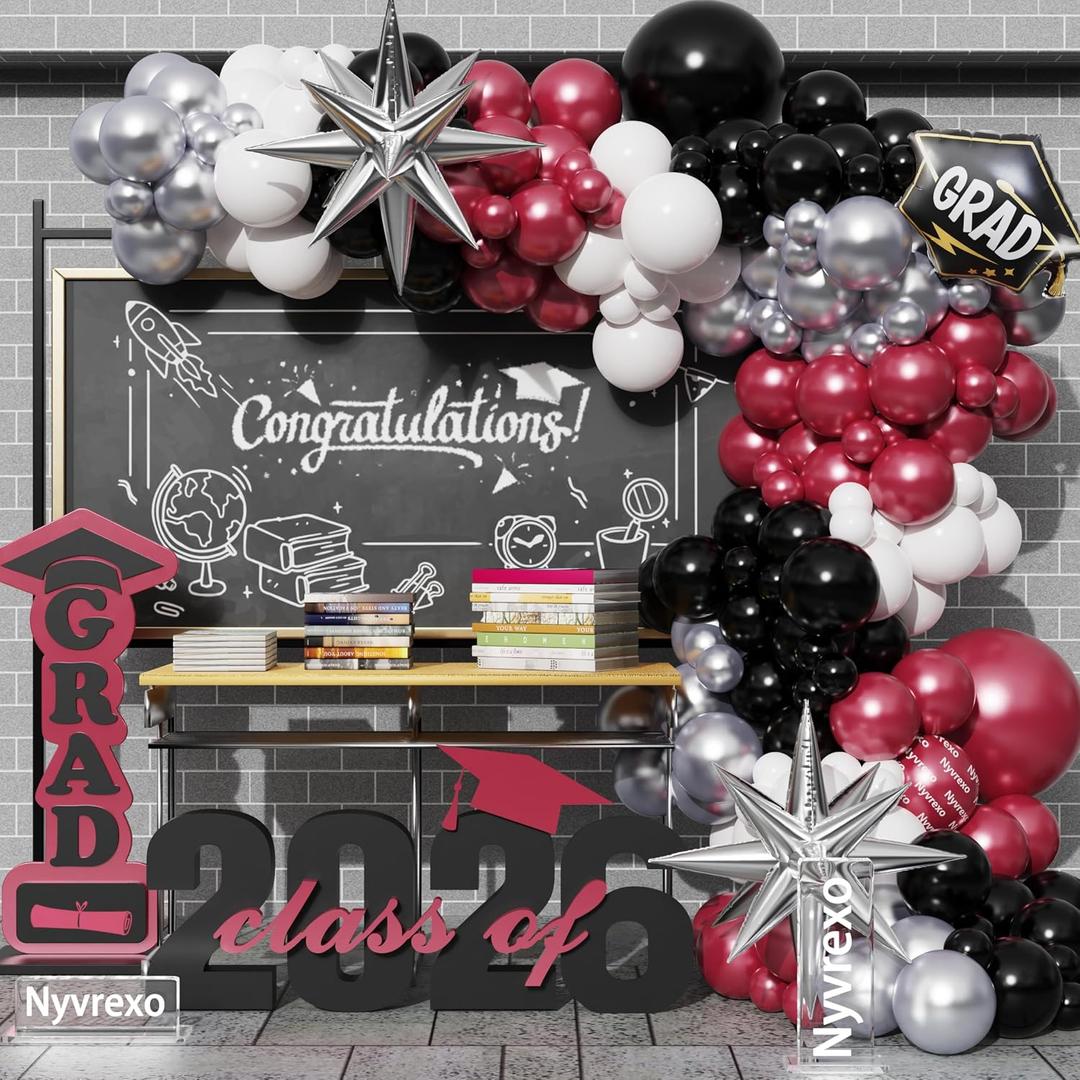 2026 Graduation Party Decorations, 138Pcs Burgundy White Silver Black Congrat Grad Balloons Arch Garland Kit, Class of 2026 Graduation Birthday So Proud Of You Decorations