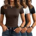 Huukeay 3 Pack Slim Fitted T Shirts for Women Short Sleeve Crew Neck Tops Women Under Shirts Stretchy Basic Tees, Large