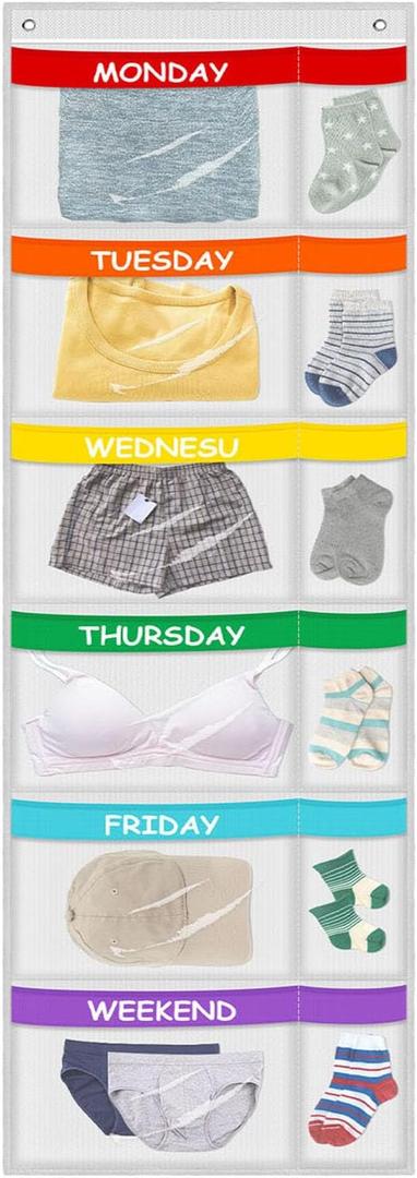 ABCKEY Weekly Kids Clothes Organizer,6-Shelf Kids Clothes Organizer with Labels for Monday to Friday,Over the Door or Wall Mount for Home,Dorm,Bedroom (White)