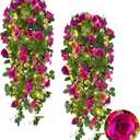 RECUTMS Artificial Hanging Rose Flower Plants Outdoor with 30 LED Fairy String Lights Fake Flowers for House Garden Patio Front Porch Indoor Decor (Purple)