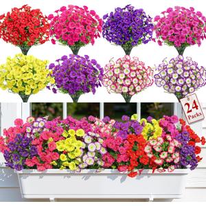 Alupssuc 24 Bundles Artificial Flowers for Outdoors, Faux Spring Flowers for Decoration, UV Resistant Silk Morning Glory with Eucalyptus Realistic Fake Flowers for Yard Planter Porch Garden, 8 Colors