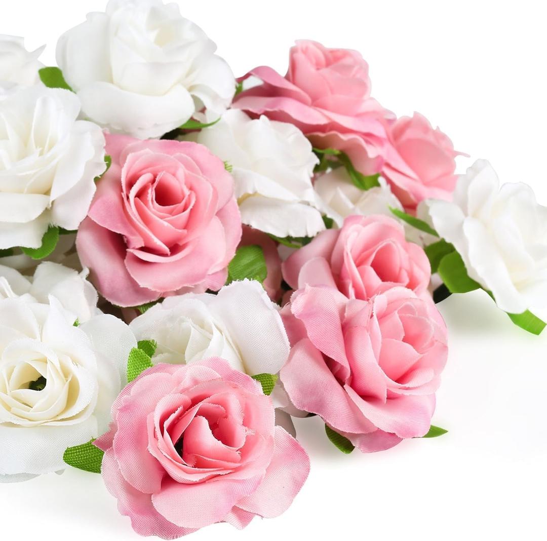  Mini Pink and White Roses Artificial Flowers Bulk, 1.6" Small Silk Fake Roses Flower Heads for Decoration, Crafts, Wedding Centerpieces Party Home Decor