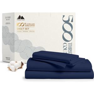 Mayfair Linen 500 Thread Count 100% Cotton Sheets King Size Bed Set - 4 PC King Bed Sheet Set Cotton (Navy Blue), Soft, Cooling, Sateen 16" Deep Pocket Bedsheet for Hot Sleepers (Fits 18" Mattress)