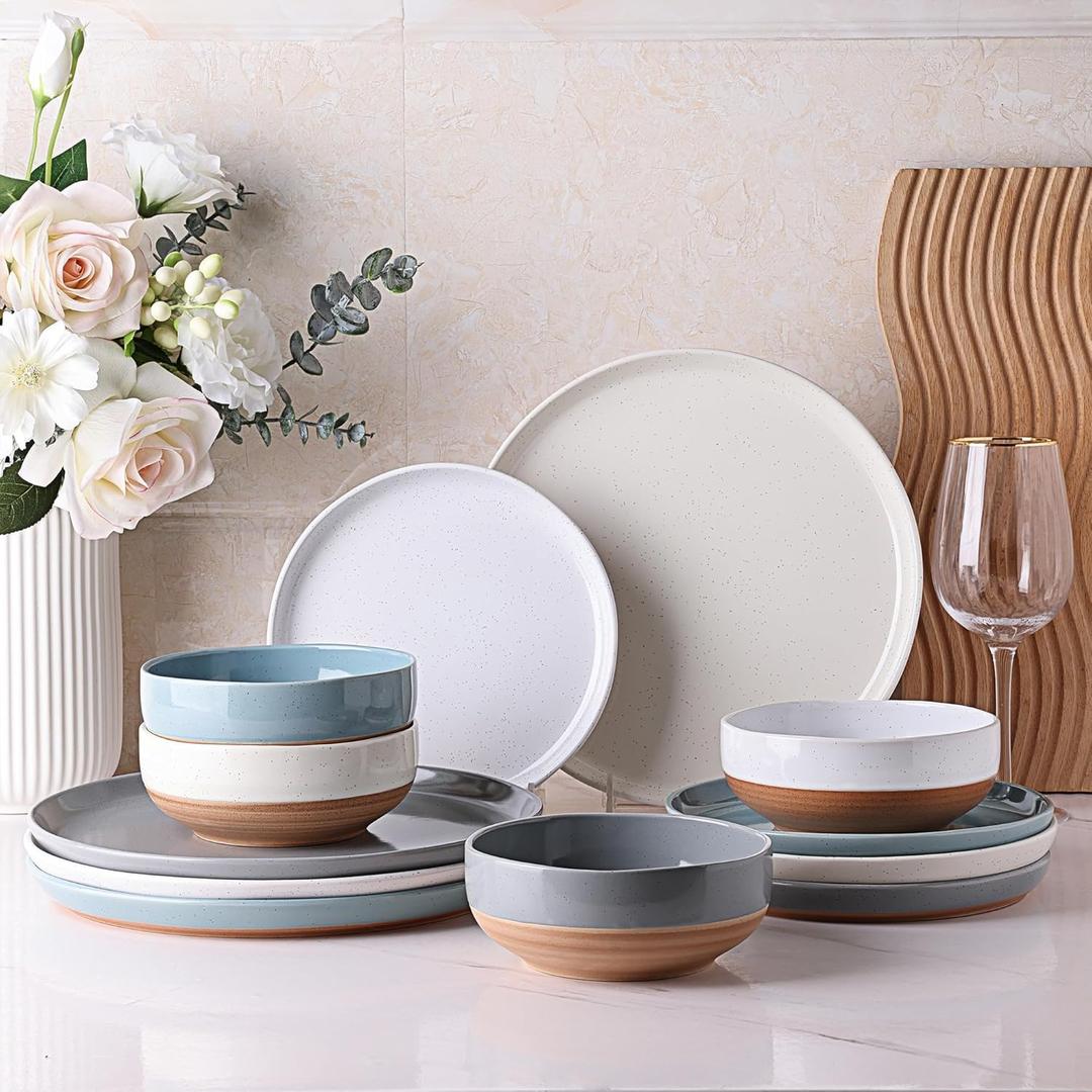 AmorArc Ceramic Dinnerware Sets for 4, 12 Pieces Handpainted Plates and Bowls Set with Rustic Terracotta Underside, Scratch Resistant Stoneware Dishes Set, Dishwasher & Microwave Safe, MultiColor