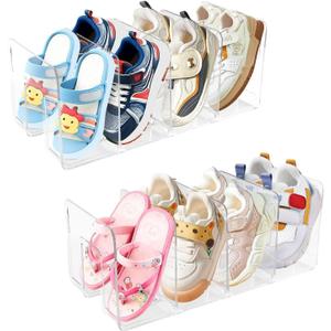 2 Pack Kids Shoe Storage, 4 Sections Toddler Shoe Organizer Clear Acrylic Shoe Rack for Closet, Space Saving Baby Shoe Organizer for Nursery, Children Room, Stackable