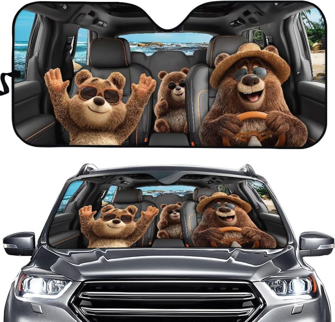 Funny Windshield Sun Shade Bear Family Windshield Sunshade for Car Truck SUV Sun Visor Heat Protection Blocks UV Rays and Keeps Your Vehicle Cool, L = 57.1" (145cm), W = 27.4" (69.5cm)