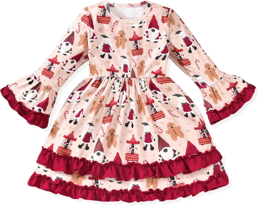 HINTINA Toddler Girl Christmas Dress Flared Sleeve Ruffle Xmas Dresses (4-5T, Khaki)