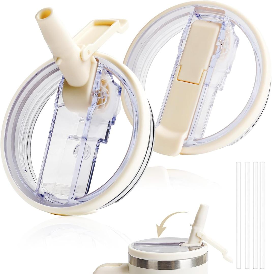 40oz Flip Straw Pro Lid for Stanley, 2025 NEW Leak Proof Lids Replacement for Stanley Quencher and ProTour, No Spill Dust-proof Tumbler Cover Cap Removable Top for 40oz StanleyAccessories, Cream, 2 Pack