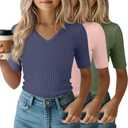 3 Pack Girls Short Sleeve Slim Shirts | V Neck Tops, Ribbed Knit, Cute, Casual, Tight, Basic, Solid, Plain, Summer, Layer, Comfortable, Versatile, Breathable