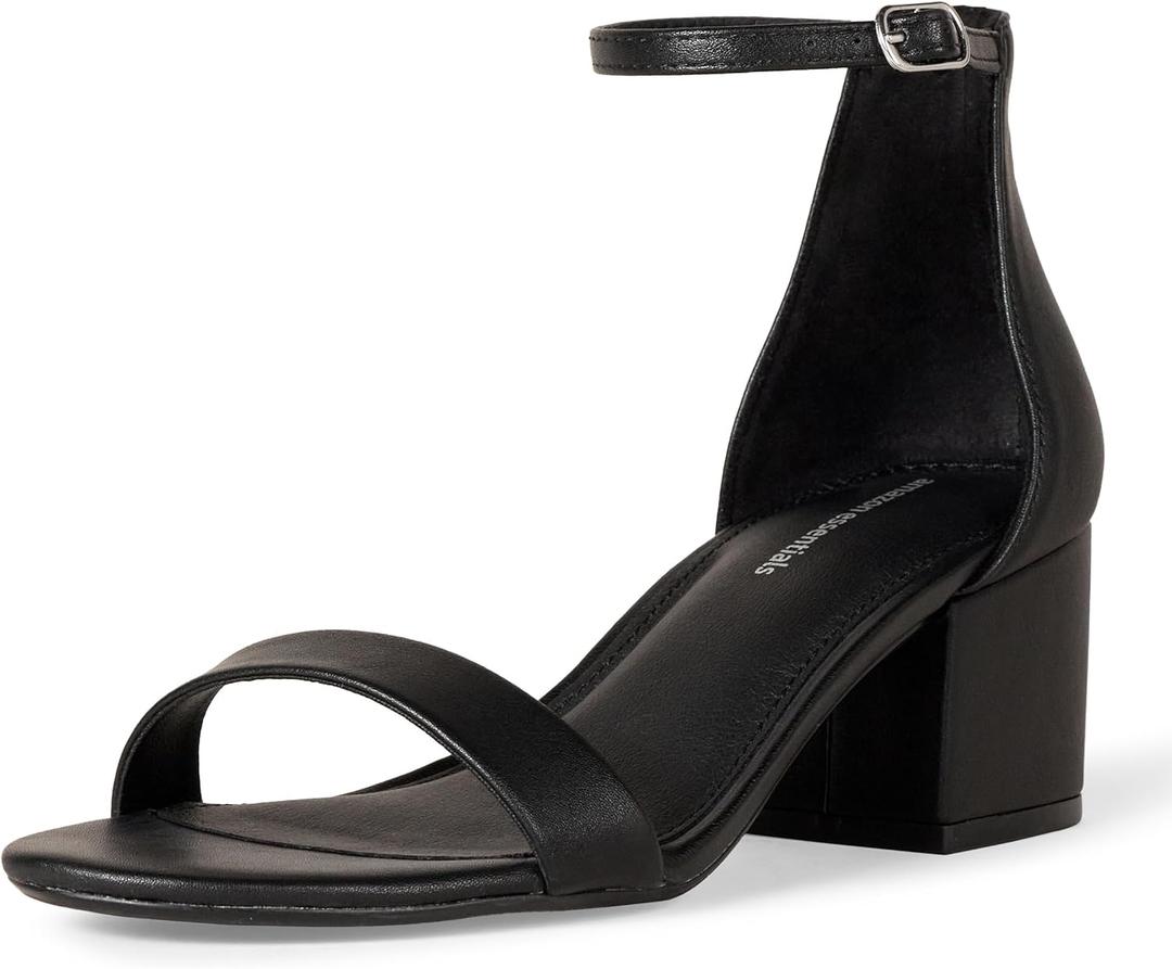 Amazon Essentials Women's Two Strap Heeled Sandal (8.5 Wide, Black Faux Leather)