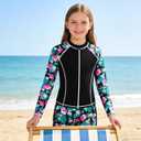 Ghteas Girls Rash Guard Swimsuits 2Piece  Swim Shirt and Tropical Print Shorts Tankini Top Water Sport Bathing Suit Girl Swimwear 13-14 Years Black
