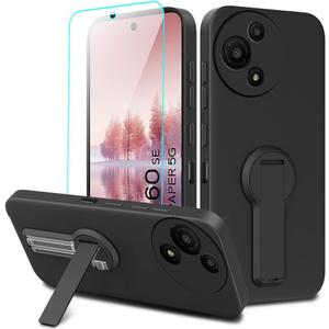 Case for TCL 60 SE 60SE 5G Phone Case with Tempered Glass Screen Protector, 360 Rotatable Folding hidden Kickstand/Stand Silicone TPU Protective Cover Case for TCL 60 SE TCL 60SE 2025 - Black