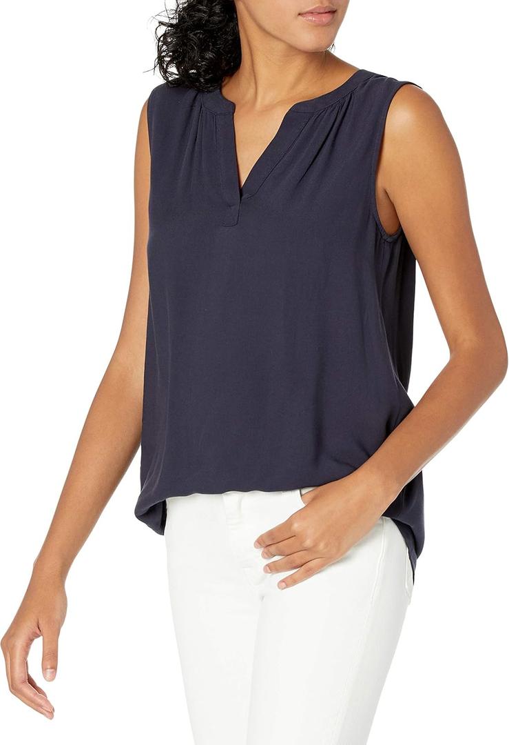 Amazon Essentials Women's Relaxed Fit Sleeveless V-Neck Woven Shirt (Large)