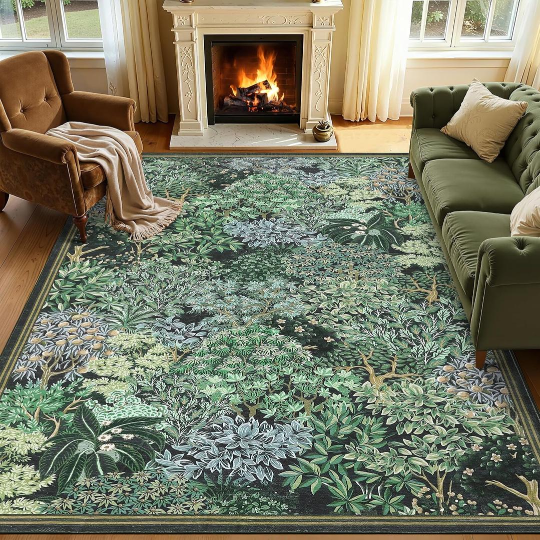 GarveeHome Forest Rugs 8x10, Blue Green Washable 8x10 Area Rug for Living Room, Botanical Low Pile Non Slip Stain Resistance Large Carpet for Office Dining Room, Farmhouse