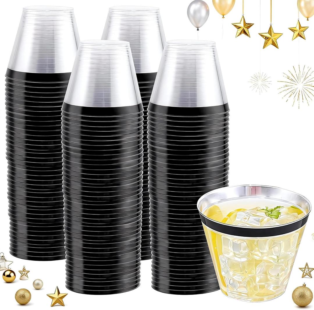 WELLIFE 120 PCS Black Plastic Cups,Disposable Cocktail Glasses,Plastic Wine Glasses Disposable,9 oz Clear Cups for Party and New Year