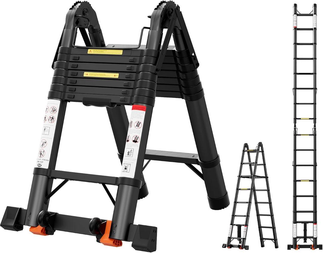 16.5 FT Telescoping A Frame Ladder,Aluminum Extension Ladder,Heavy Duty 330 lbs Max Capacity with Stabilizer Bar&Wheels,Multi-Purpose Portable Collapsible Ladder for Home,Work Black