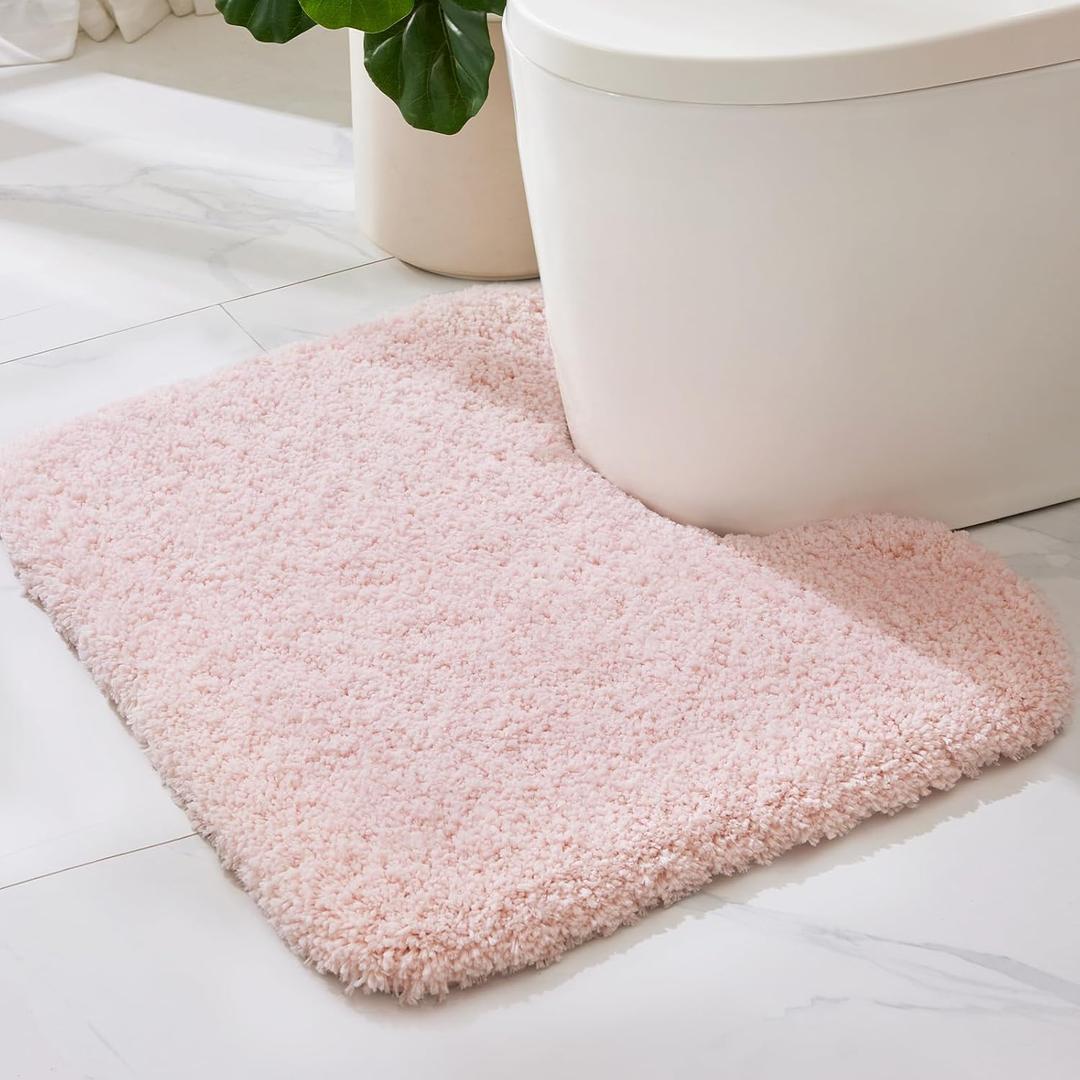 ILANGO Pink Toilet Rugs U Shaped 22"  24" Non Slip & Super Absorbent Extra Thick Soft, Washable Bath Mats for Bathroom Floor, Microfiber Plush Shaggy Contour Bath Rugs for Toilet,Dry Quick