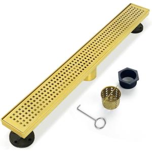 Linear Shower Drain, 32 inch Gold Drain with Removable Grate Cover, Brushed 304 Stainless Steel Shower Floor Drain, Linear Drain with Hair Strainer and Adjustable Feet