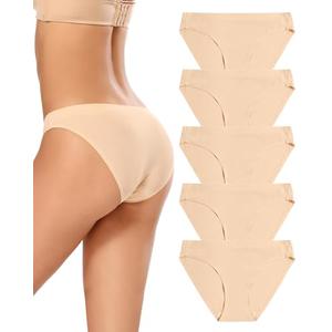 voenxe Women Bikini Underwear,Seamless Breathable Ladies Panties,No Show Comfortable Briefs Undies for Women,Hipster,5-Pack, M, Beige