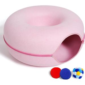 Large Cat Tunnel Bed for Indoor Cats with 3 Toys, Scratch Resistant Donut Cat Bed, Up to 30 Lbs (Pink)