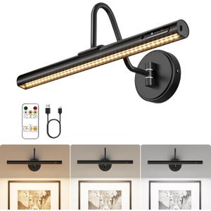VOLISUN Picture Lights for Wall, 15.7'' Rechargeable Picture Light Battery Operated, 3 Color Temps Cordless Picture Light with Remote, Magnetic Art Light for Painting, Gallery, Portrait, 1 Pack(Black)