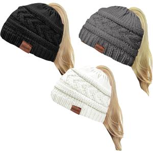Rosoz 2 Pack Ponytail Beanie for Women,Winter Warm Beanie Tail Soft Stretch Cable Knit Messy High Bun Hat, 7 3/4-7 7/8, 3 Pack, Black/Grey/White