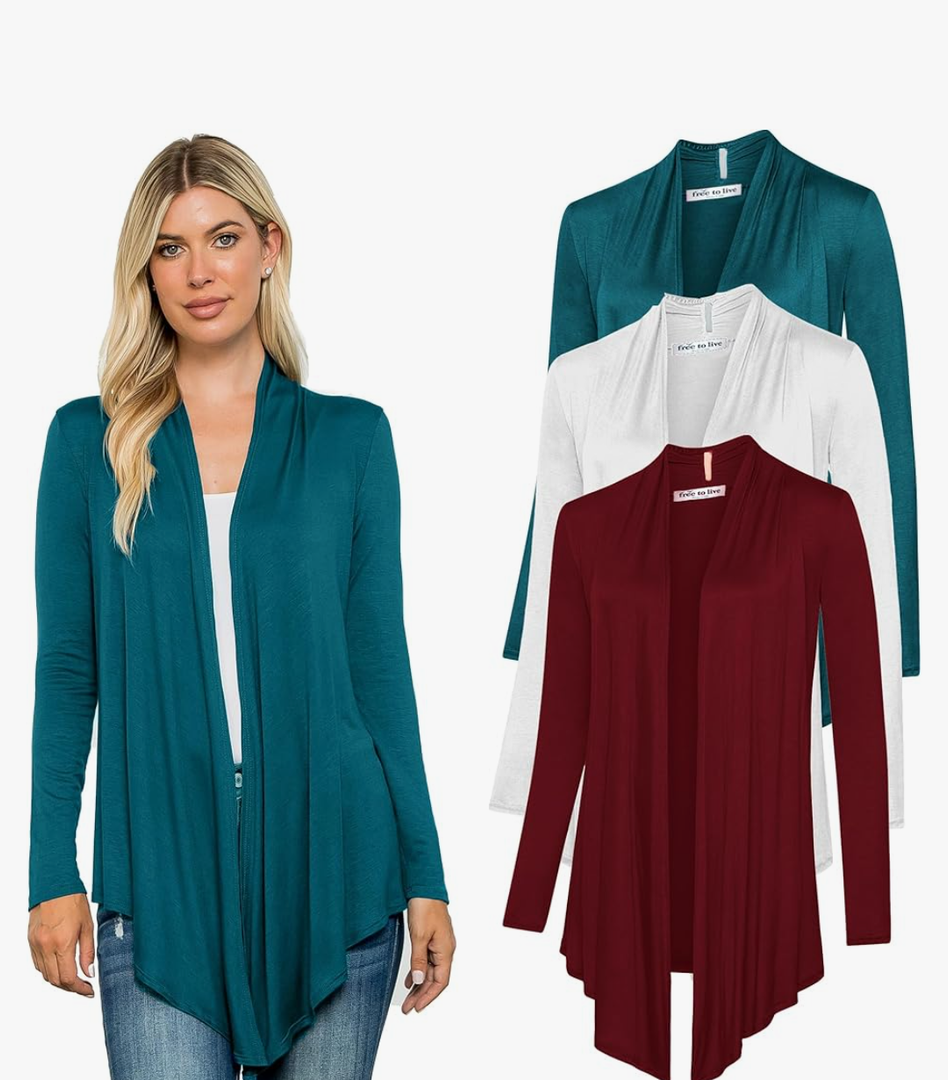 Free to Live 3 Pack Long Sleeve Cardigan for Women Open Front Dressy Casual Fall Draped Lightweight Sweaters Cover Up Shrugs