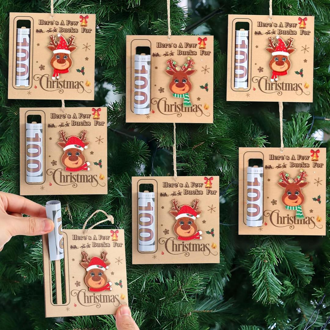 Christmas Money Holders for Cash Gift Wooden Christmas Money Holders Ornament Bulk Xmas Cash Gifts Tree Hanging Ornament Here's a Few Buck for Xmas Holiday Party Favors(6 Pcs,Chic Style)