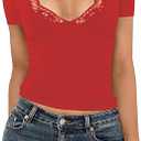 Women's Short Sleeve Sexy Lace V-Neck Summer Going Out 2025 Crop Tops Slim Fit Tees Trendy Y2k Clothing XS