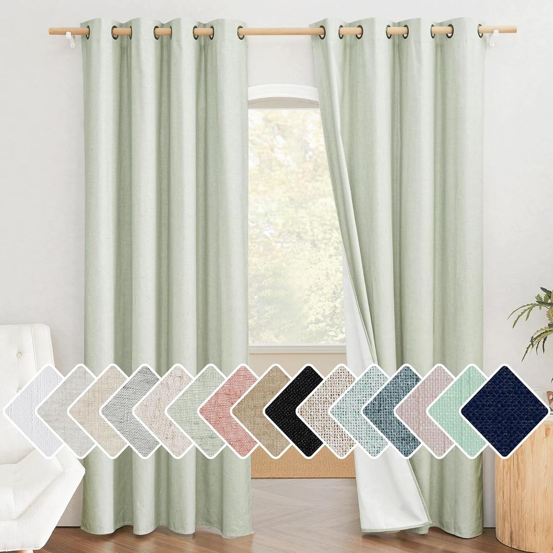 NICETOWN Sage Green Living Room Completely Shaded Linen Textured Draperies, 2 Pieces, W52 x L84, Privacy Protection & Noise Reducing Ring Top Drapes, White Lined Insulated Window Treatment Curtains