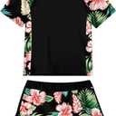 Swimsuit for Girls Size 7-8 Floral Rash Guard Set Two Piece Bathing Suit with Shorts UV Protection Surfing Black Swimwear
