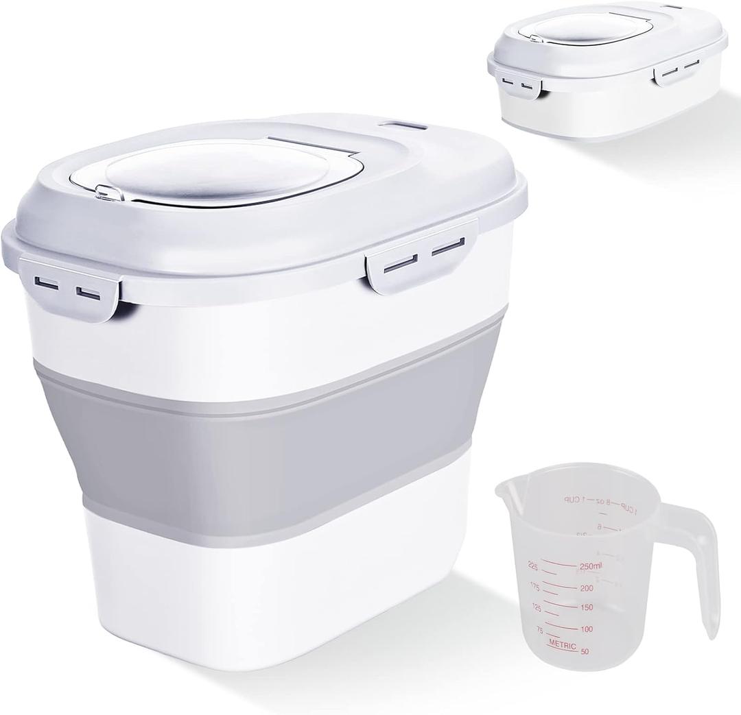 Cereal Rice Food Storage Containers, Collapsible 20 to 50 Lbs Dispenser Bin with Rolling Wheel Airtight Locking Lid, Dog Pet Cat Flour Sugar Plastic Leakproof Sealable Large Kitchen Pantry Holder (White)