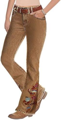 Flamingals Women's Floral Embroidery Mid Waist High Stretch Bootcut Jeans with Pockets, M