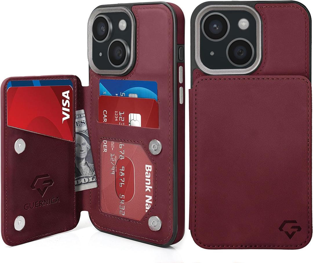 GUERNICA for iPhone 15 Wallet Case with RFID Blocking Card Holder for Women Men, Kickstand Shockproof Phone Case for iPhone 15(6.1"),Wine Red