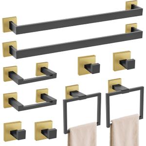 TURS 10-Piece Bathroom Hardware Accessories Set Black&Gold Towel Bar Holder Set SUS304 Stainless Steel Towel Racks for Bathroom Wall Mounted, 23.6-Inch