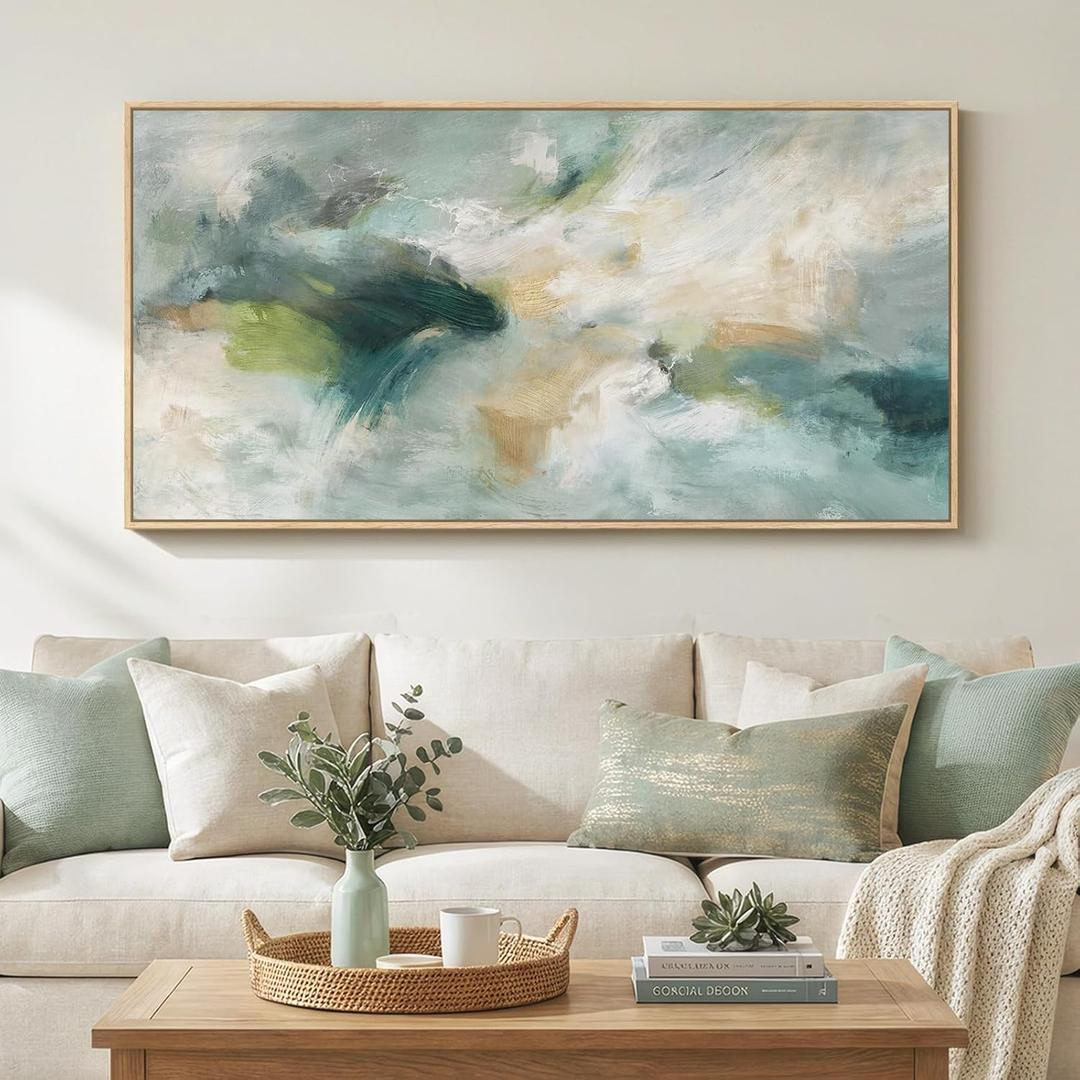 Large Framed Sage Green Abstract Wall Art for Living Room, Modern Teal Horizontal Canvas Prints Paintings Artwork for Walls, Contemporary Pictures Wall Decor for Bedroom Dining Room Office, 30x60 In