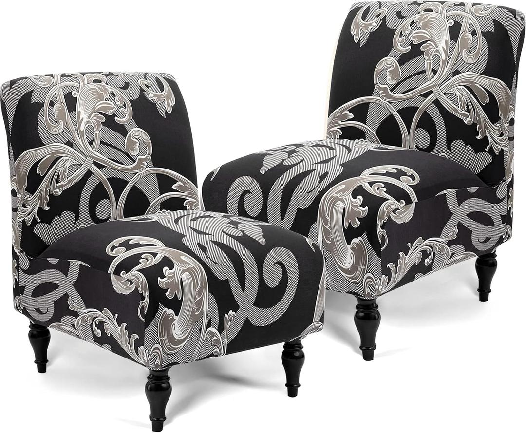 Iauddy Armless Accent Slipper Chair Cover Slipcover,Stretch Spandex Removable Non-Slip Silp Cover for Accent Chair Without Arms Furniture Protector for Living Dining Room(Black/Gray, 2)