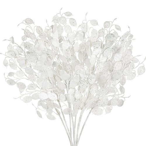 Oairse 8 Pcs Christmas Tree Picks and Sprays White Glitter Christmas Picks 26.8" Christmas Glitter Eucalyptus Leaves Stems for Christmas Tree Filler Branches Wreaths Centerpieces Holiday Decorations