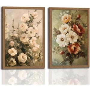 Vintage Floral Wall Art Decor Rustic Cottagecore Floral Canvas Art Prints Framed Farmhouse Country Botanical Flower Pictures Wall Decorations for Home Bedroom Living Room 16x24In Ready to Hang