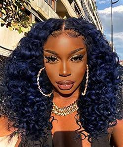 BlackSwern Blue Wigs, Curly Lace Front Wigs Pre Plucked, HD Glueless Lace Curly Wig for Black Women, Big Curly Wig Blue Color