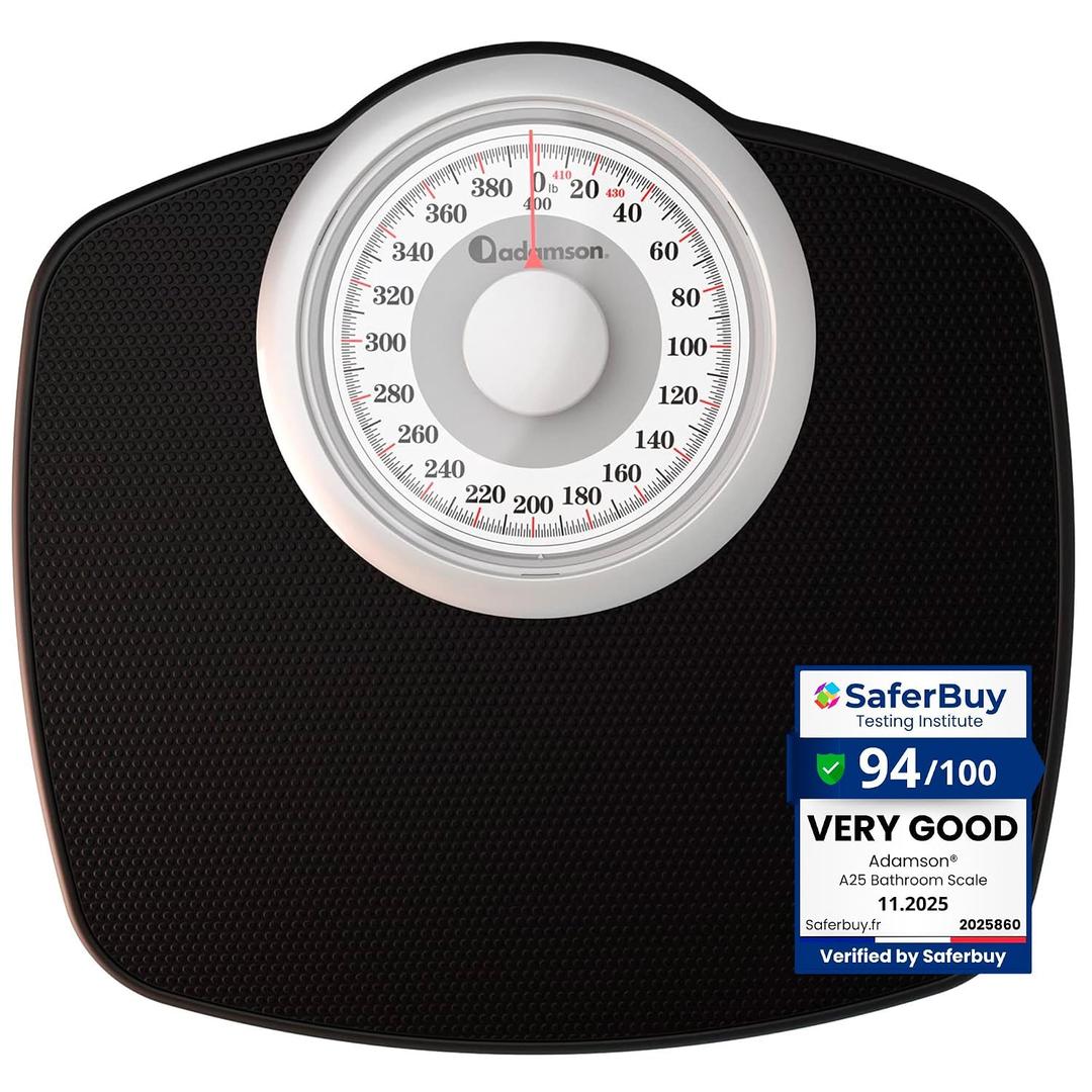 Adamson A25 Scales for Body Weight - Up to 400 LB - New Version - 5.3" Dial on 12.4" x 10.2" Platform - Anti-Skid Rubber Surface - High Precision Bathroom Scale Analog - Durable with 20-Year Assurance