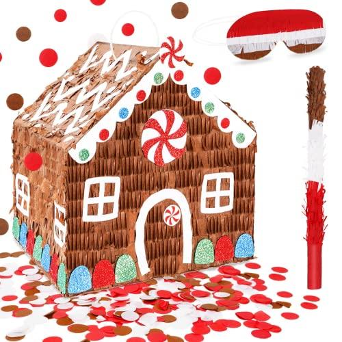 Whaline Christmas Pinata Set with Bat Eyeshade Confetti Christmas Candy House Pinata Small Christmas Party Gingerbread Pinata for Boys Girls Xmas Winter Theme Party Favor Supplies Game Decoration