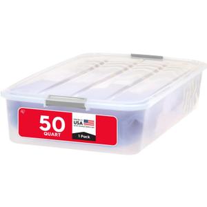 IRIS USA 50 Qt Plastic Under Bed Storage Organizer Bin Container with Secure Lids and Durable Buckles, Multi-Purpose for Seasonal Holiday Items Bedding Clothes Shoes, Long, Clear