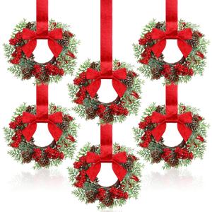 Dingion 6 Pcs 6" Christmas Mini Cabinet Wreaths Norfolk for Kitchen with Ribbon Bows Red Berry Norfolk Pine Small Window Wreath Hunging Ornament for Window Door Farmhouse Christmas Party Decorations