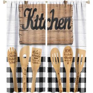 Rustic Kitchen Curtains Farmhouse Country Buffalo Plaid Wooden Plank Funny Quotes Black White Vintage for Home Kitchen Livingroom Coffee Room Window Curtain Drapes 2 Panels 42x45 Inch