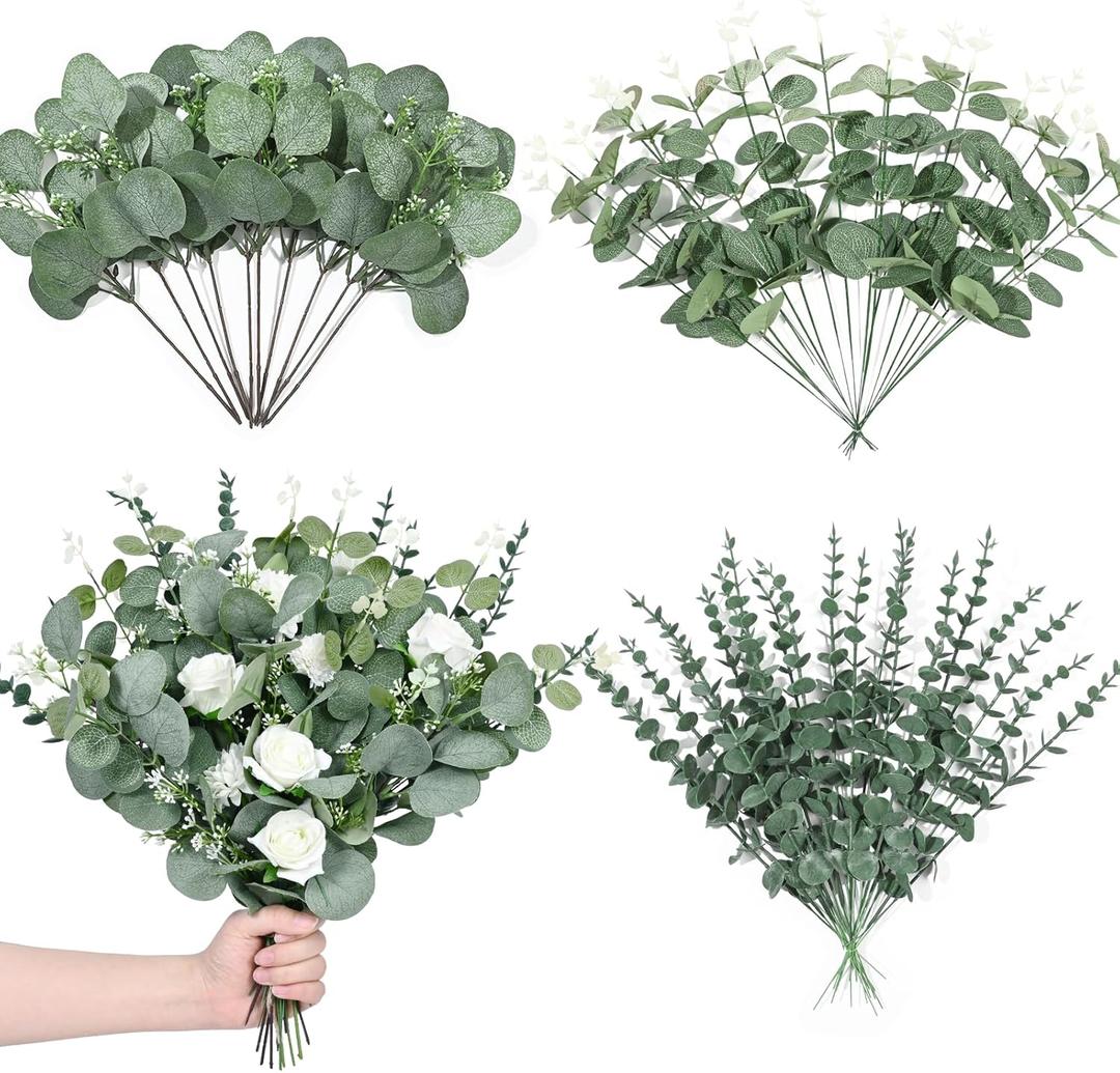 60 Pcs 5 Kinds Artificial Eucalyptus Stems and Faux Flowers, Mixed Fake Greenery Stems Leaves Bulk, Silver Dollar Eucalyptus Greenery Stems for Wedding Decor Vase Floral Arrangement Centerpiece