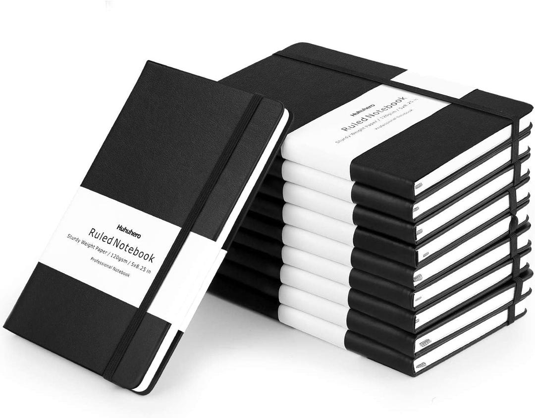 Huhuhero 10 Pack Lined Journal Notebook, A5 College Ruled Writing Journals, Hardcover Journaling Notebooks for Work Note Taking School Office Home, 5"8.25" (10, Black)