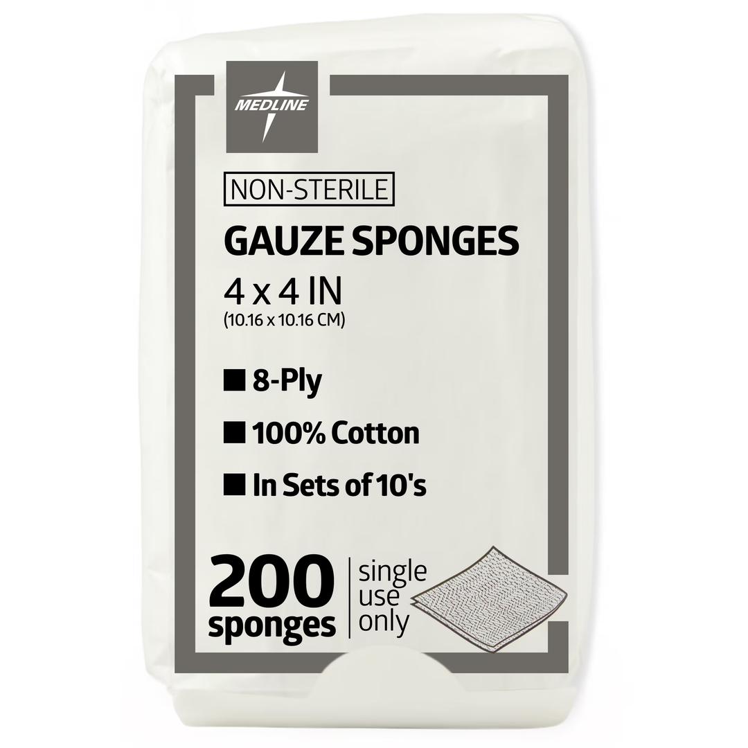 Medline Nonsterile Woven Gauze Sponges 8 Ply - 4" x 4" - 200/Box - White