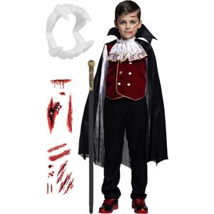 Kids Boys Halloween Vampire Costume Child Vampire Noble Dracula Role Play Dress Up Cosplay Party Clothes (L, Black Set)